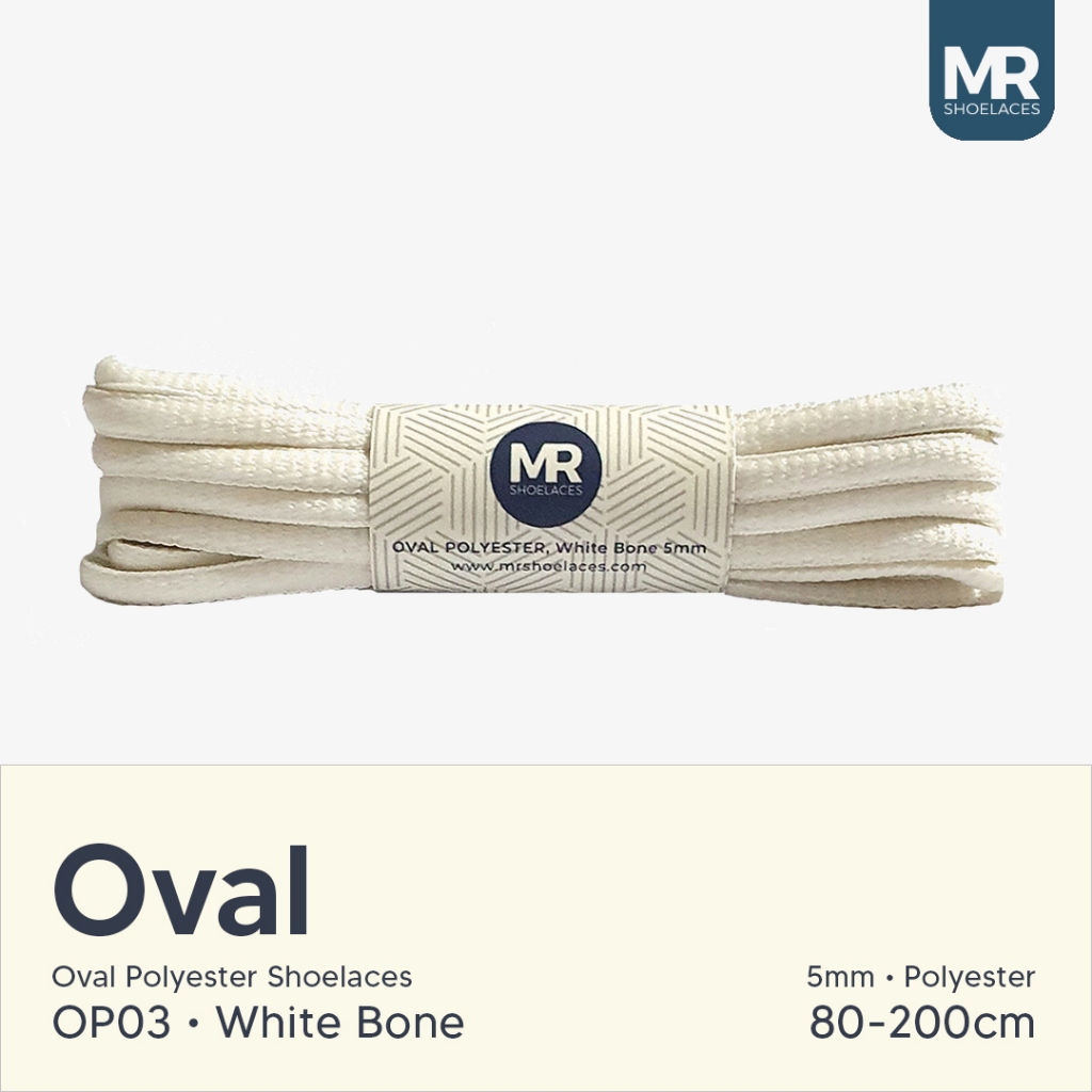 Putih Mr Shoelaces OP03 Bone White (กระดูกสีขาว) เชือกผูกรองเท้าโพลีเอสเตอร์ ทรงวงรี 5 มม. - ความยาวสาย 80 ซม. 90 ซม. 100 ซม. 120 ซม. 130 ซม. 150 ซม. 180 ซม. 200 ซม. สําหรับเชือกผูกรองเท้ากีฬา - เชือกผูกรองเท้าพรีเมี่ยม