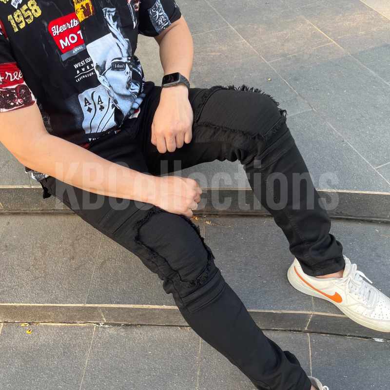 Kbcollections Mens Skinny Fit Biker Jeans Black & Grey - Premium Biker Denim Pants