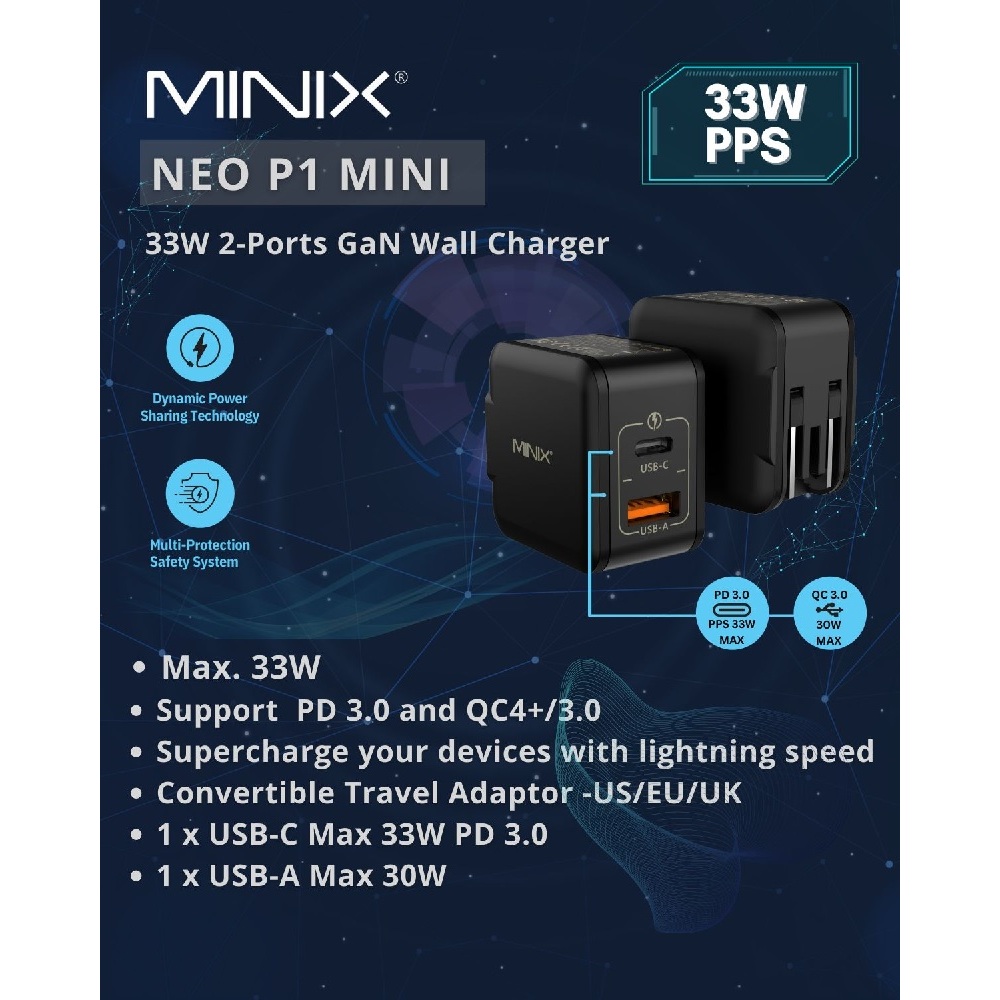 Minix NEO P1 Mini - 2 พอร์ต GaN ที่ชาร์จติดผนัง 33W - PD 3.0 และ QC 3.0 - USB-A + USB-C แบบพกพา ที่ชาร์จจาก MINIX