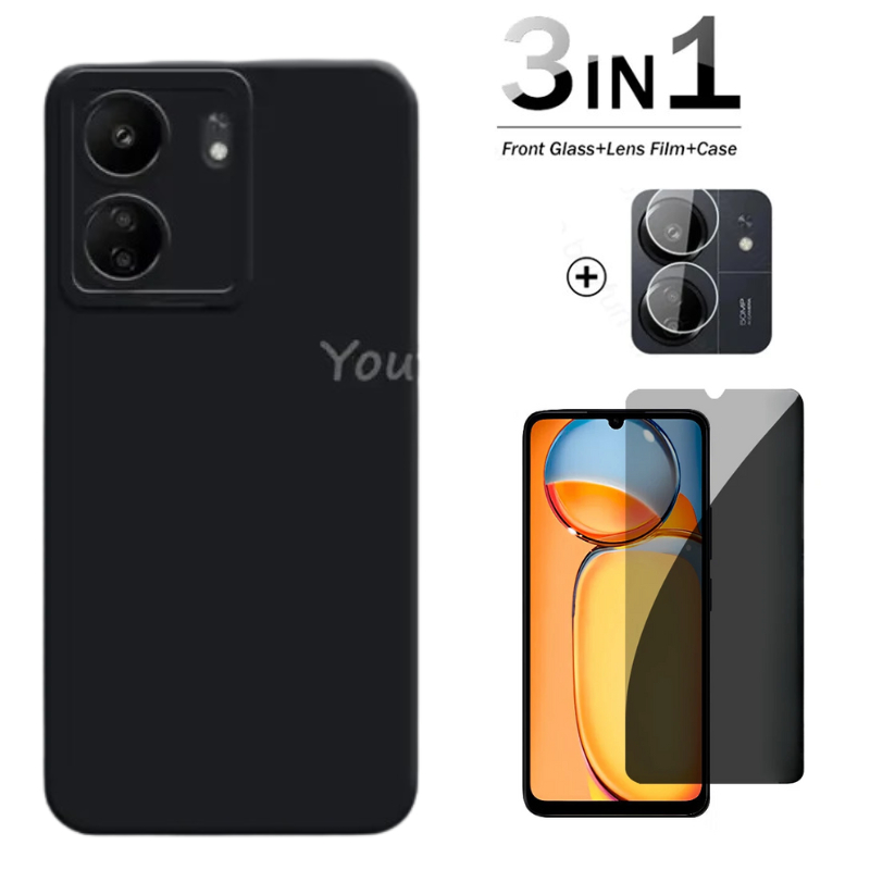 Xiaomi Redmi 13C Poco C65 3IN1 PACKAGE Case Softcase BLACK MATTE TEMPERED GLASS CAMERA LENS Case Cas