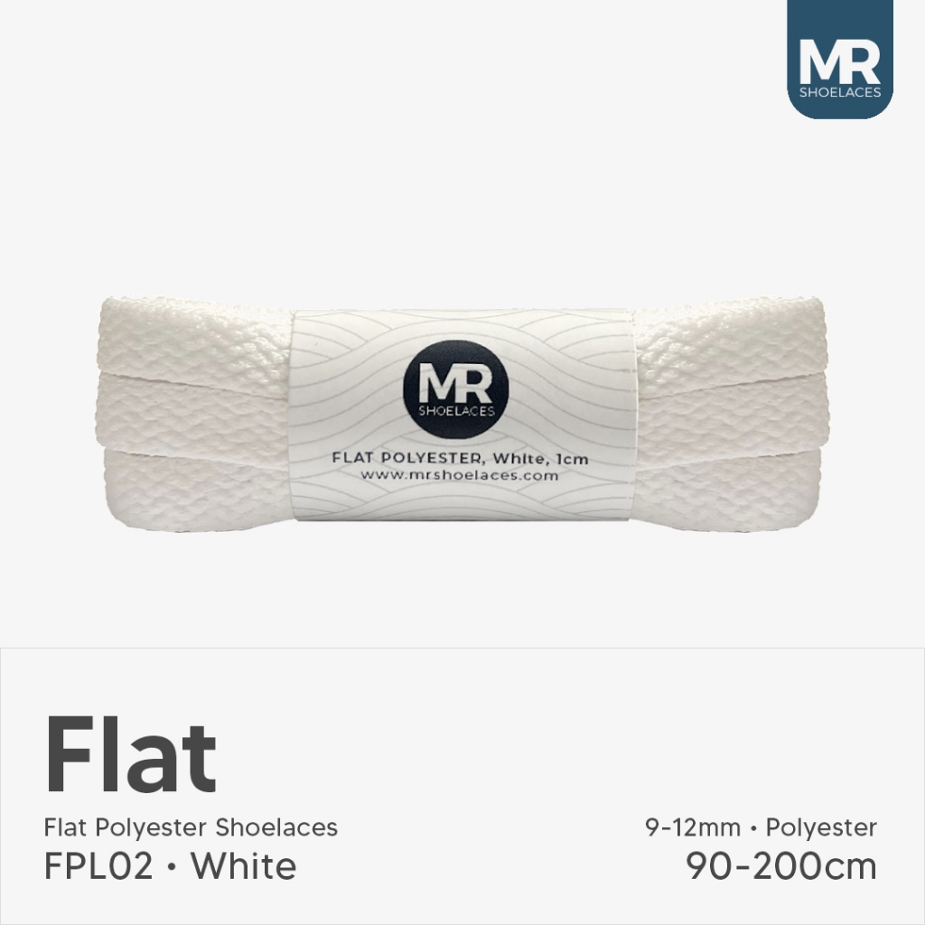 Putih Mr Shoelaces FPL02 เชือกผูกรองเท้าโพลีเอสเตอร์ สีขาว (สีขาว) แบน 10 มม. 1 ซม. 80 ซม. 90 ซม. 100 ซม. 120 ซม. 130 ซม. 150 ซม. 180 ซม. 200 ซม. สําหรับเชือกผูกรองเท้าผ้าใบ - เชือกผูกรองเท้าพรีเมี่ยม