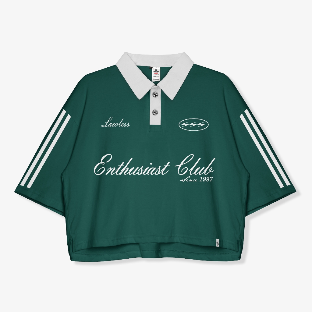 OOTDPLY Oversize Polo Crop Shirt ผู้ที่ชื่นชอบ Club Dark Army White Collar l Polo Crop ผู้ชายและผู้ห