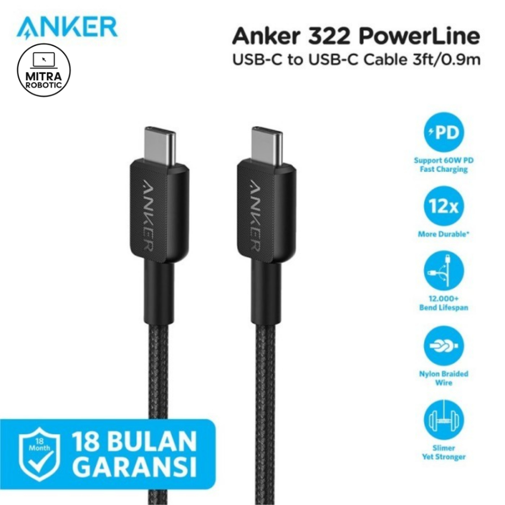 สาย Anker 322 usb-c to usb-c 3FT 6FT Braided - A81F5 สีดํา