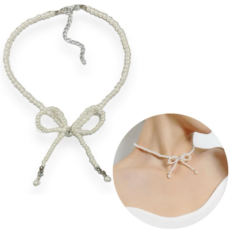 Hyeri Bow Pearl Necklace Bowknot Ribbon Necklace Zircon Crystal Pearl Blink Choker Coquette Necklace
