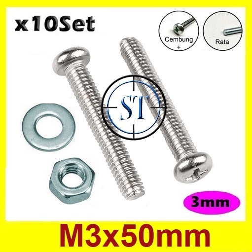 X10 Bolt Nut แหวนชุด M3 x 50 มม.JP M3x50 มม.3x50 มม.3 x 50 3 x 50 มม.ขนาด 50 มม.หัวนูนเนื้อหา 10 ชุด