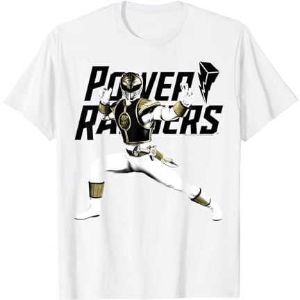เสื้อยืดผู้ใหญ่ Power Rangers White Ranger Karate Action Pose Logo T-Shirt
