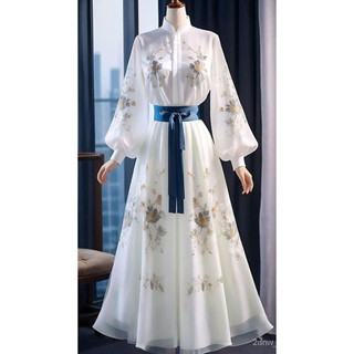 Ladies New High-End Refined Grace White with Printed Pattern Dress