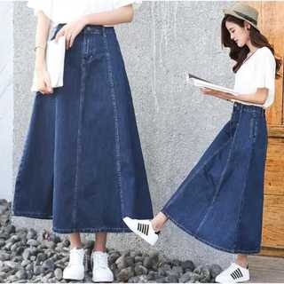 Jisso rok jeans mayung premium Wanita A- Line Umbrella pecah bahan Denim Pinggang Karet Payung