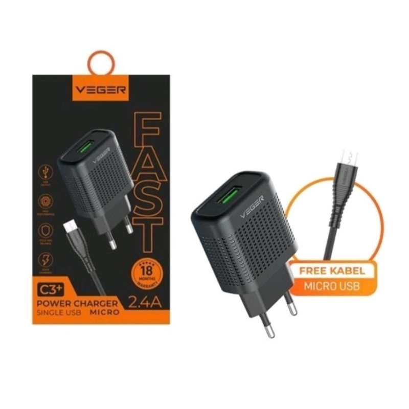 VEGER C3+ เครื่องชาร์จไฟ 12W VEGER C3+ พร้อมสาย TYPE C 2.4A ชาร์จเร็ว