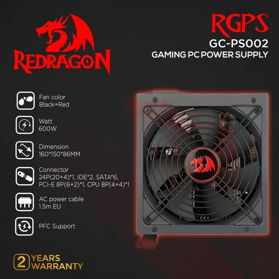 Redragon GC-PS002 แหล่งจ่ายไฟพีซีสําหรับเล่นเกม RGPS 600W เต็มช่วง