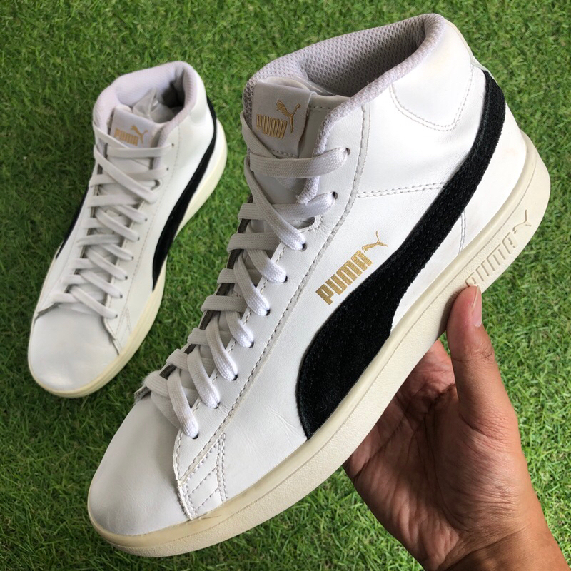 Puma Smash V2 Mid Leather รองเท้าผ้าใบสีขาวดํา Preloved