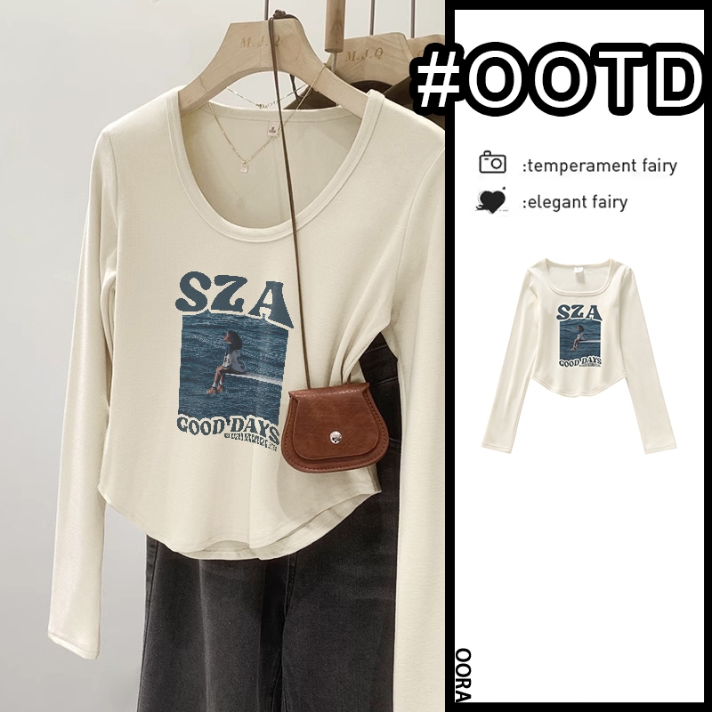 Oora Premium เสื้อยืดสีครีมคอเหลี่ยมเสื้อแขนยาวเสื้อผ้าผู้หญิงแฟชั่น Slim Fit Hottie crop Top เสื้อย