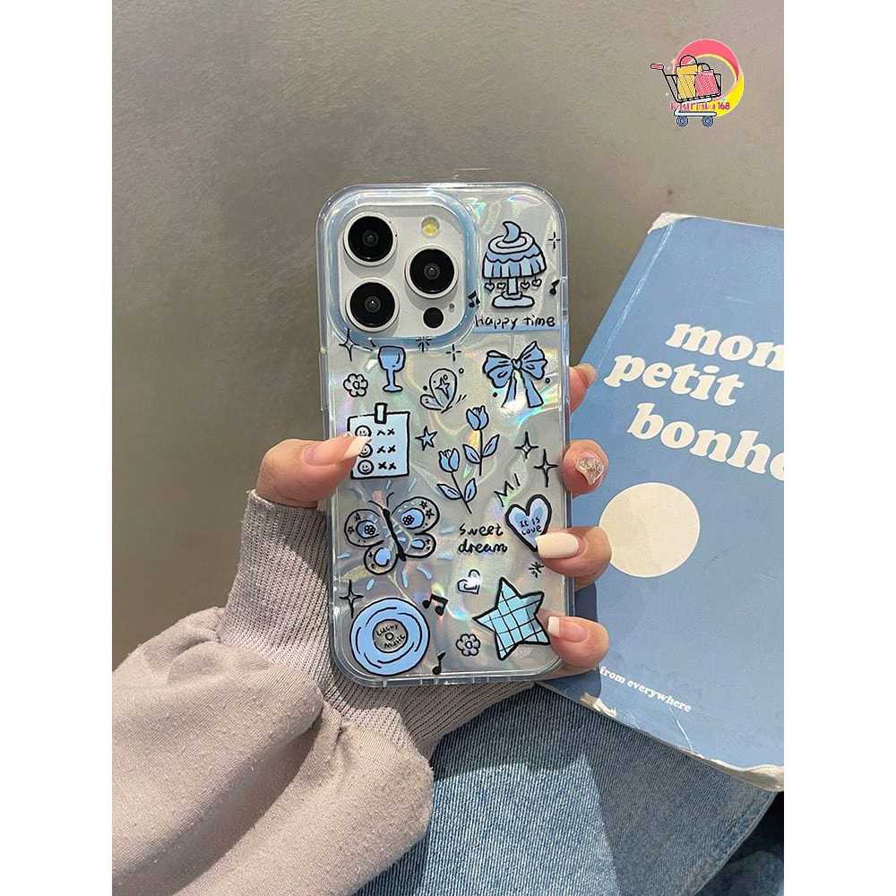SS913 ใหม่! Blue Aesthetic Metallic Silver Waterry Textured Ripple Case Gradient Hardcase ปลอก Hp สํ