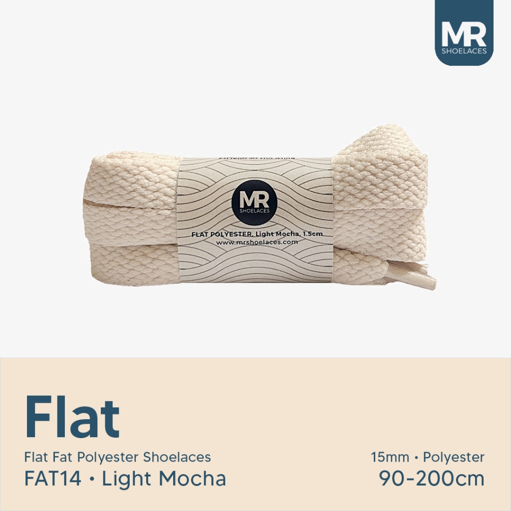 MR Shoelaces FAT14 Light Mocha โพลีเอสเตอร์เชือกผูกรองเท้าไขมันแบนแบน 1.5 ซม.15 มม.80 ซม.90 ซม.100 ซม.120 ซม.130 ซม.150 ซม.180 ซม.200 ซม.สําหรับ Knu Skool รองเท้าผ้าใบ - เชือกผูกรองเท้าพรีเมี่ยม
