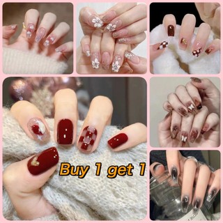 [Buy 1 get 1] COD Kuku Palsu 24 Pcs 3D / kuku palsu wedding / kuku palsu + lem / kuku palsu nail art + lem / kuku nail art maroon / fake nail manicure nail