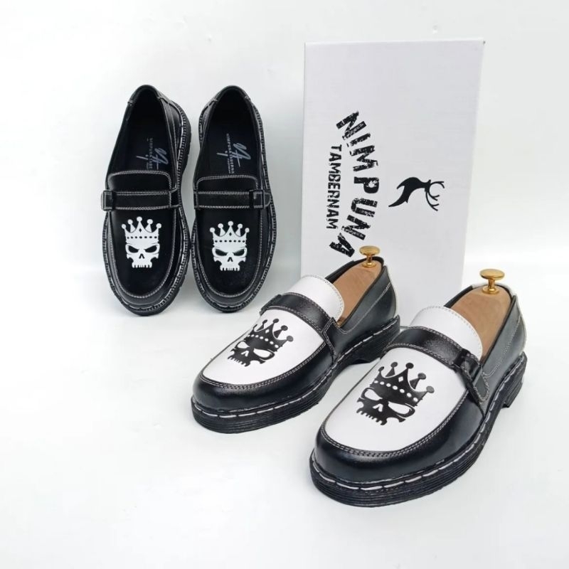 Hitam PUTIH Docmart รองเท้าทางการผู้ชาย Penny Loafers Skull Leather สีดําและสีขาว