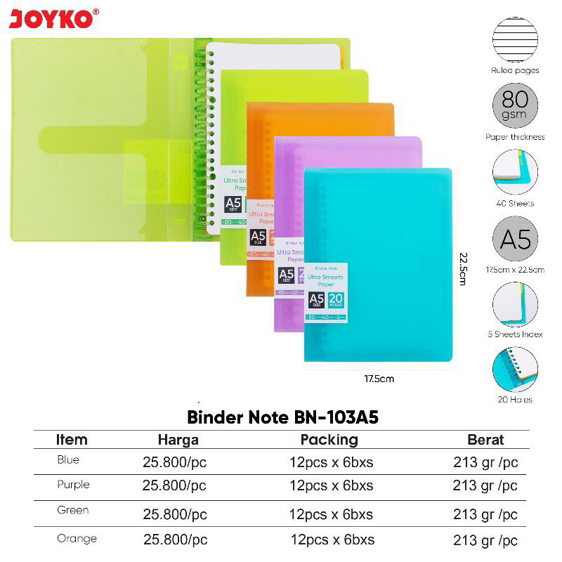 A5 Binder Note Folder / B5 สีนีออน / ที่เก็บกระดาษ BN-103B5 / โฟลเดอร์ BN-103A5 Joyko