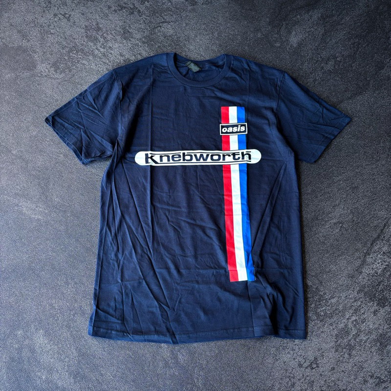 Official OASIS BAND T-SHIRT - KNEBWORTH VERTICAL STRIPE NAVY