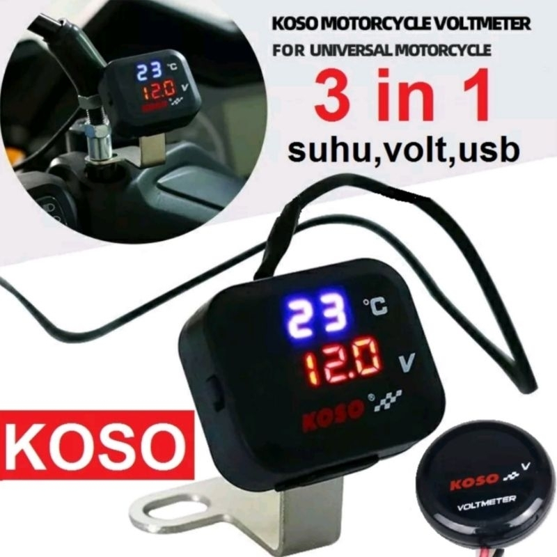 **โวลต์มิเตอร์ 3-in-1 Koso: Volt Meter, เครื่องชาร์จ USB และเทอร์โมมิเตอร์แบบดิจิตอล (แรงดันไฟฟ้าแบต