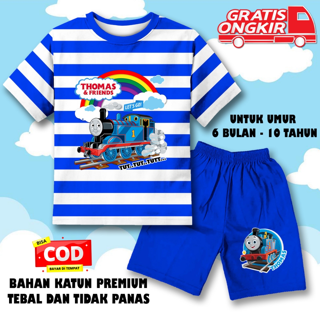 ชุดสูทแขนสั้นลายทางสําหรับเด็กชายและเด็กหญิงเสื้อยืดแขนสั้นเด็ก ไม่จํากัดเพศ โทมัส 1 รถไฟ dft