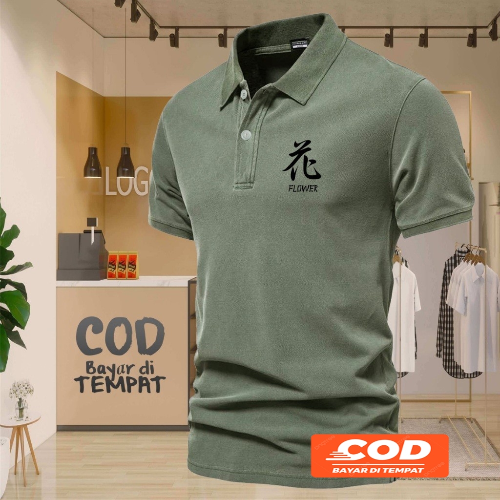 ! Black Flower Text Jpn Collar POLO T-Shirt เสื้อคอปกผู้ใหญ่ / เสื้อโปโลผู้ชาย Wangki