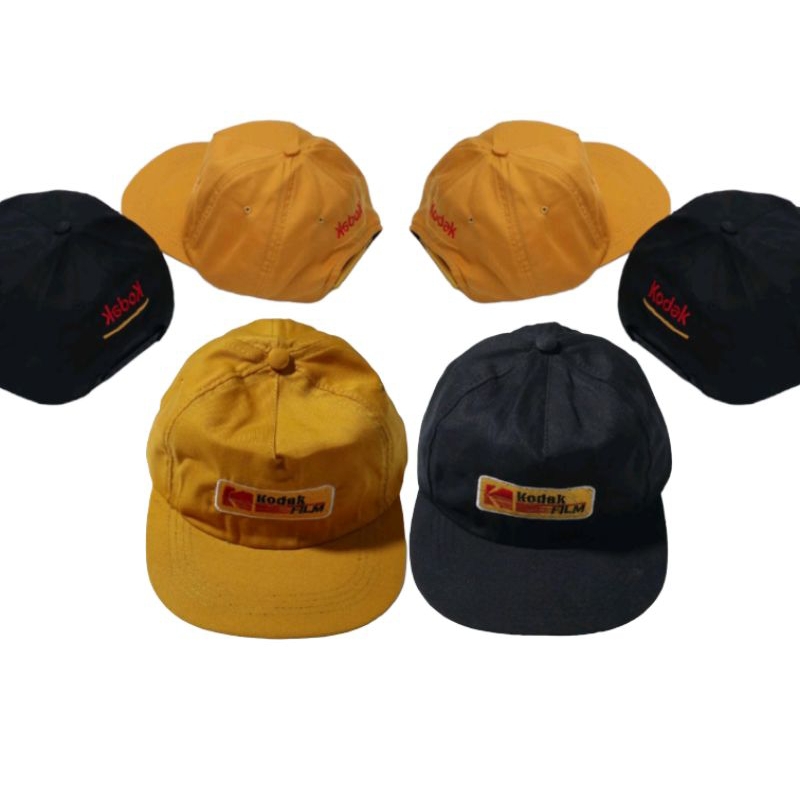 Vintage Six Panel Twill Kodak Film Yellow & Black Skate Hat พร้อมโลโก้สีขาวปักตัวอักษรสีขาว, หมวก 5 