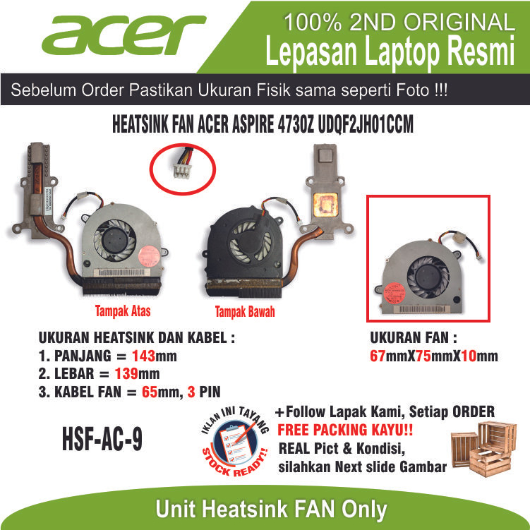 ET32 HSF-AC-9 HEATSINK FAN แล็ปท็อป ACER ASPIRE 4730Z UDQF2JH01CCM