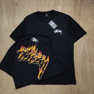 เสื้อยืด พิมพ์ลาย Stussy FLAME FIRE BLACK COMBED 24s สําหรับผู้ชาย