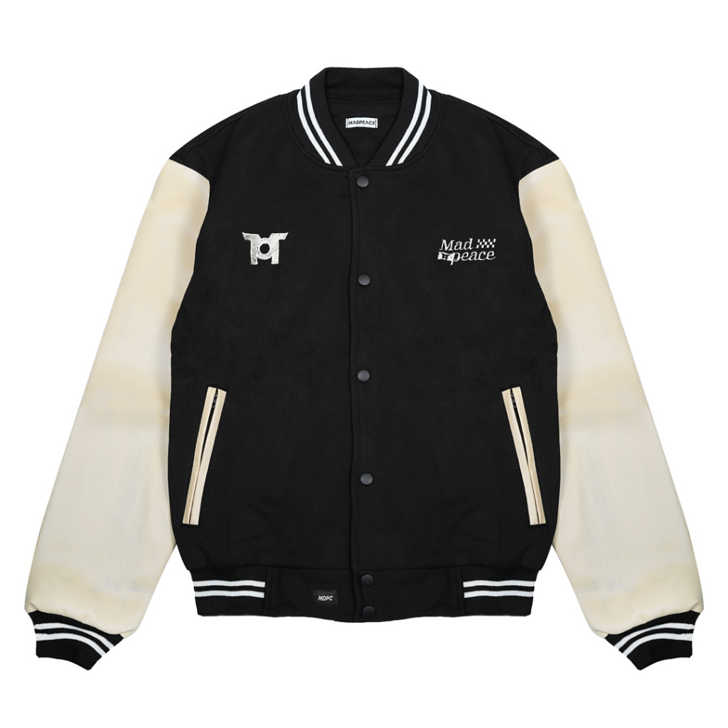 Madpeace - Varsity Jacket Fly Spark - Black Varsity Jacket สําหรับผู้ชายและผู้หญิง