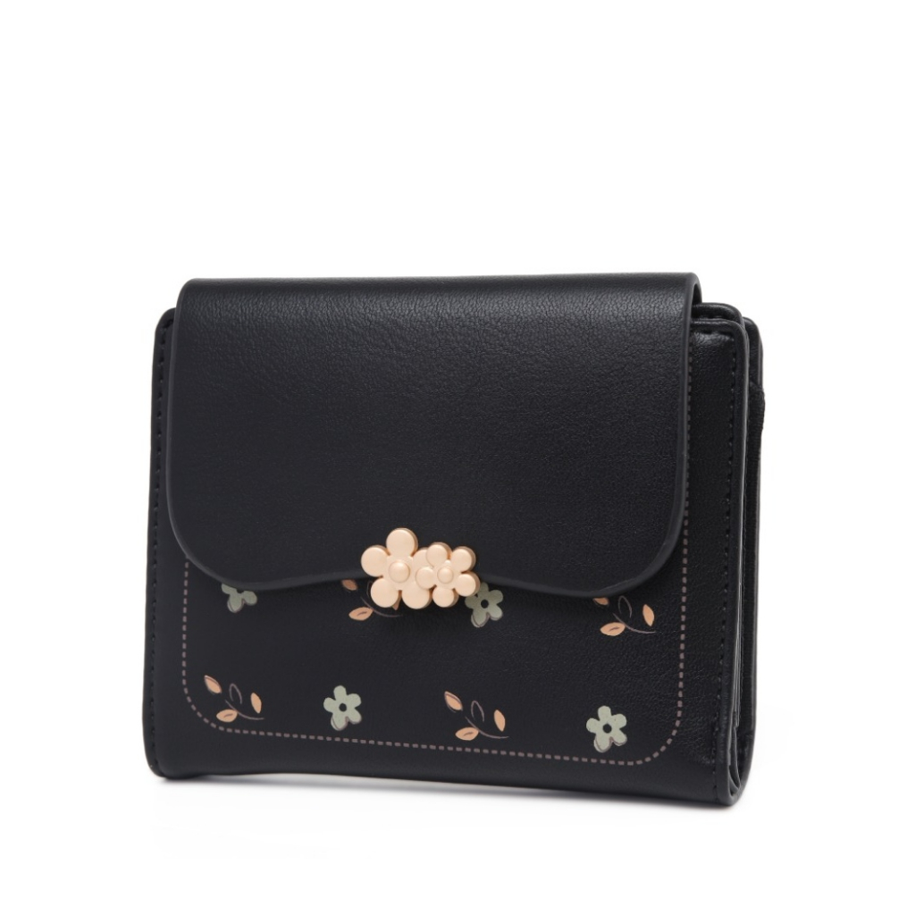 Hitam Prettyzys WOMEN& 39;S FOLDING WALLET WA838B5 SMALL BRANDED ORIGINAL หนังสีดํา WILLQUENA MINI S