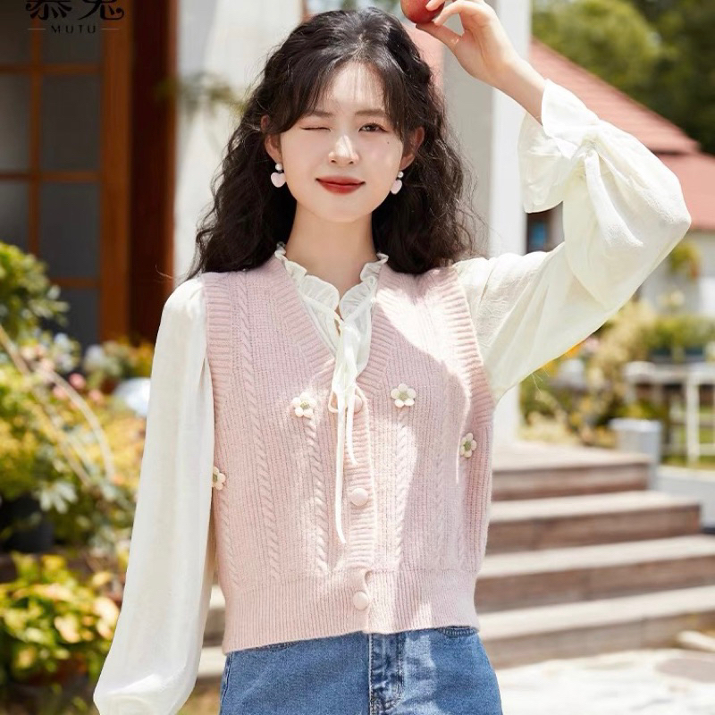 VEST WOMEN TOP KNIT WOMENS VEST FLOWER CUTE MX778