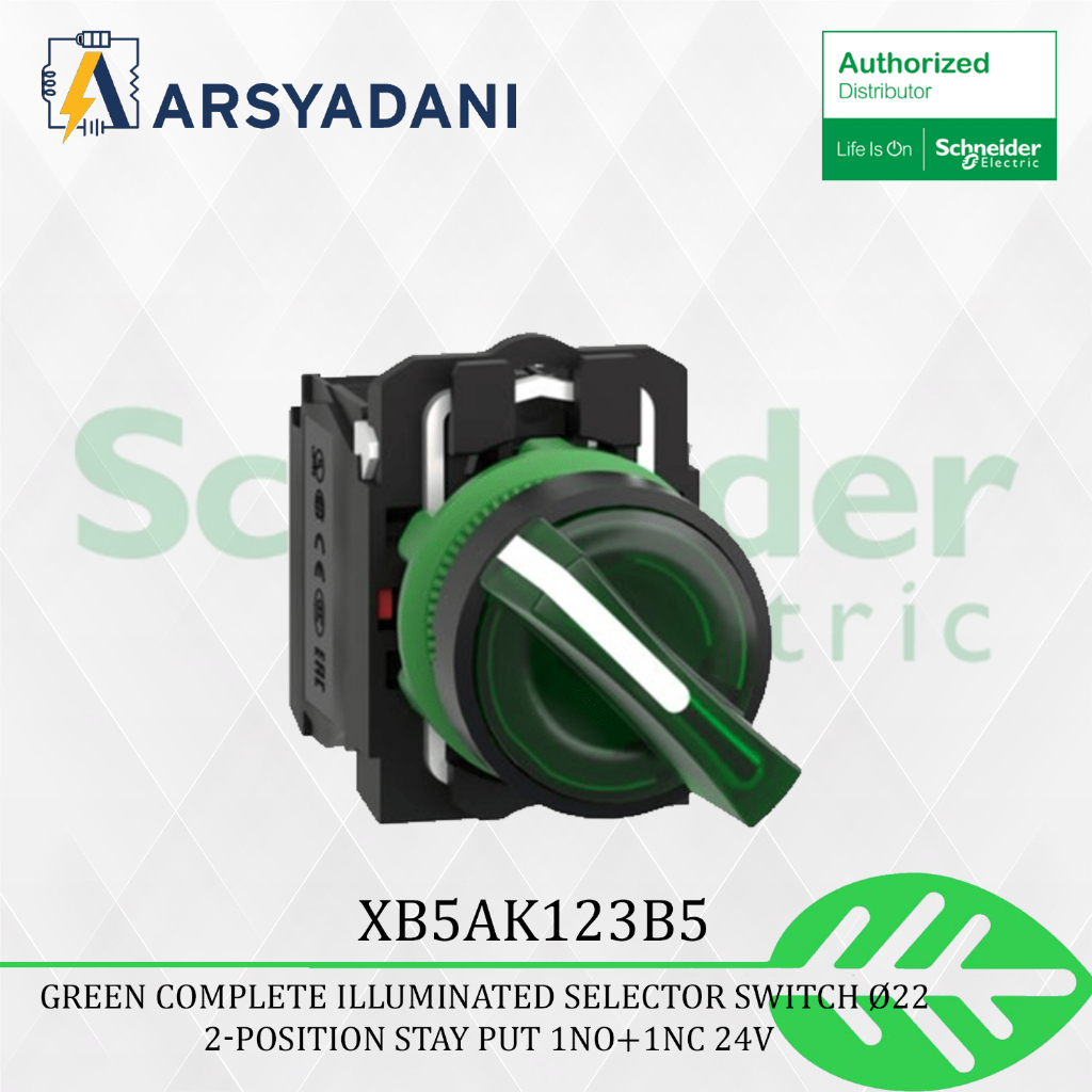 XB5AK123B5 - สวิตช์เลือกเรืองแสงครบชุดสีเขียว Ø22 2 ตําแหน่ง