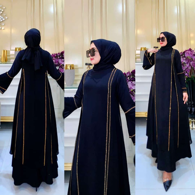 HITAM TURKEY ABAYA GAMIS BLACK SEQUENCE SWAROVSKI GOLD HAND TRUMPET SIMPLE ELEGANT