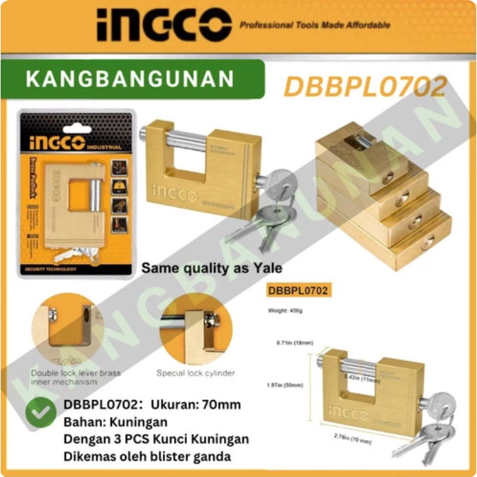 INGCO Yale คุณภาพ 70 มม. BRASS PADLOCK DBBPL0702