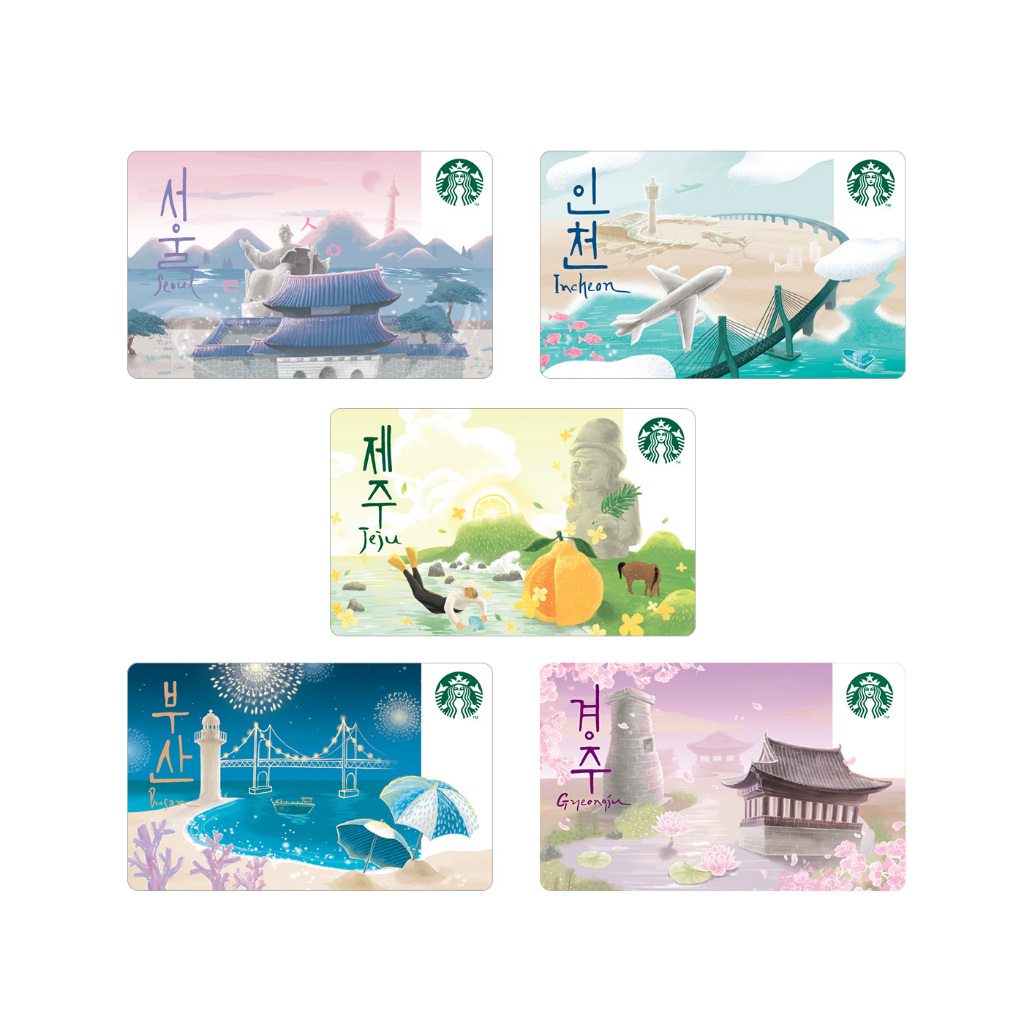 [1 ชุด 5 ใบ] Starbucks Card Korea City Complete Set - Seoul Incheon Busan Gyeongju Jeju Island