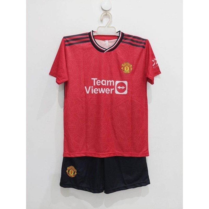 Man united home 2023-2024 เสื้อฟุตบอลเด็ก Rashford พิมพ์ปักโลโก้ Man united home ชุดเสื้อฟุตบอลเด็ก