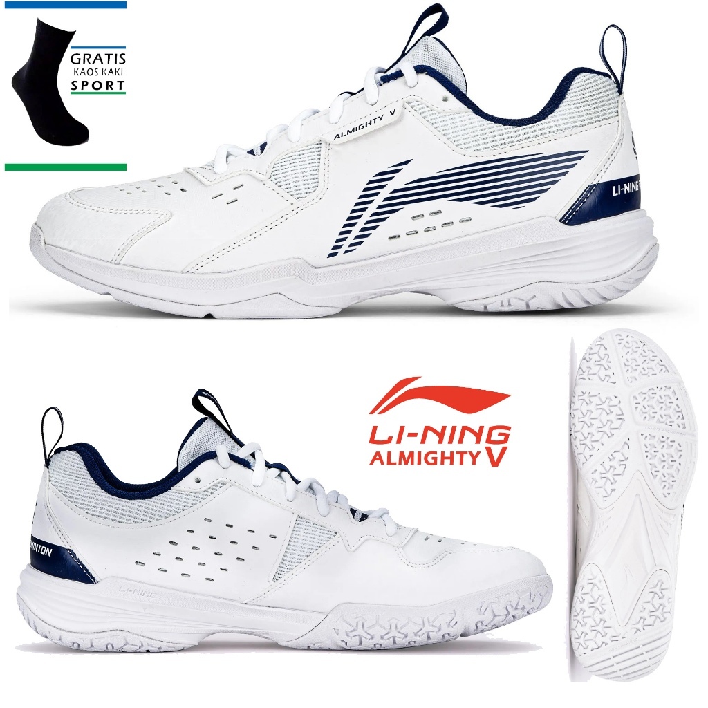 Lining Almighty V Original Shoes Free Socks White Navy Original - รองเท้าแบดมินตันซับ