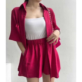 Toply shop COD - Setelan kemeja + hotpans / Set kora  / Setelan wanita korean style  cey krinkle premium