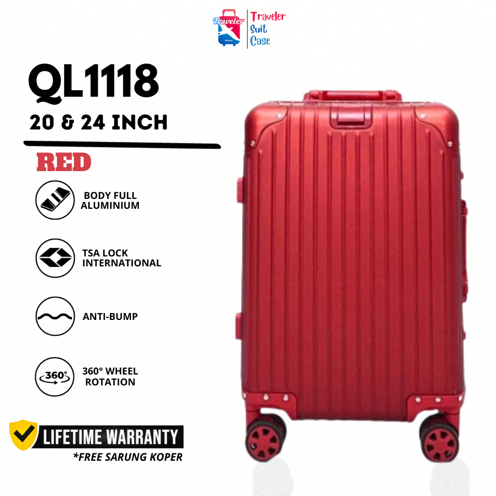Ql 1118 - Sultan 20 &amp; 24 นิ้ว กระเป๋าเดินทางอลูมิเนียม กันน้ํา 4 ล้อ สีแดง