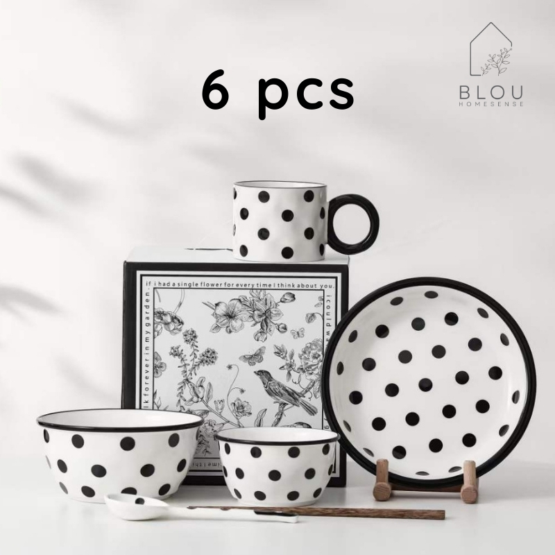 Putih HITAM Gift Set จานชามลายจุดขาวดํา ของขวัญไม่ซ้ําใครสวยงาม บรรจุ 6 ชิ้น