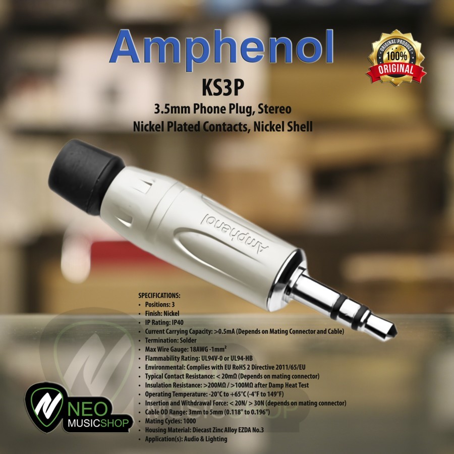 Amphenol KS3P ปลั๊กโทรศัพท์ 3.5 มม. สเตอริโอ คอนแทคเลนส์ชุบนิกเกิล