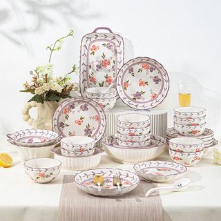 ASHOME Piring Keramik Makan Motif FRANC Series Soft Purple Bloom / Piring Makan Jepang / Piring Makan Motif Soft Purple Bloom / Piring Aestetik / Piring Makan Aestetik / Piring Set Keramik eropa