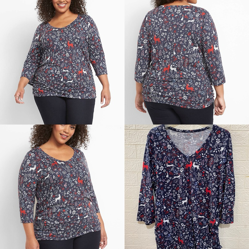 BLOUSE V คอด้านข้าง DRAWSTRING MOTIF 3/4 SLEEVE NORMAL - ขนาดใหญ่ LD 112-178cm LNE BRYN B85