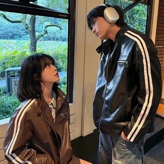 Leather jaket motorcycle Jaket kulit pria dan wanita strip oversize
