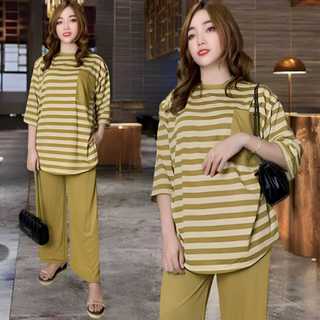 AUFAA ONESET ATASAN OVAL KANTONG DADA LD 120 VISTATERRY MOTIF SALUR celana karet wanita  setelan  baju  basic Panjang Oversize