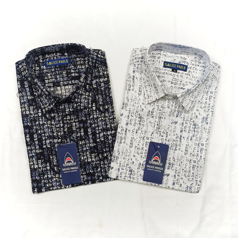 KEMEJA KATUN Sale Paolo เสื้อเชิ้ตผู้ชายสั้นปกติ Casual Bihua Motif สีขาวสีดําผ้าฝ้ายเต็ม