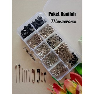 Paket pin hijab hanifah monocrome isi jarum pentul peniti hitam putih silver