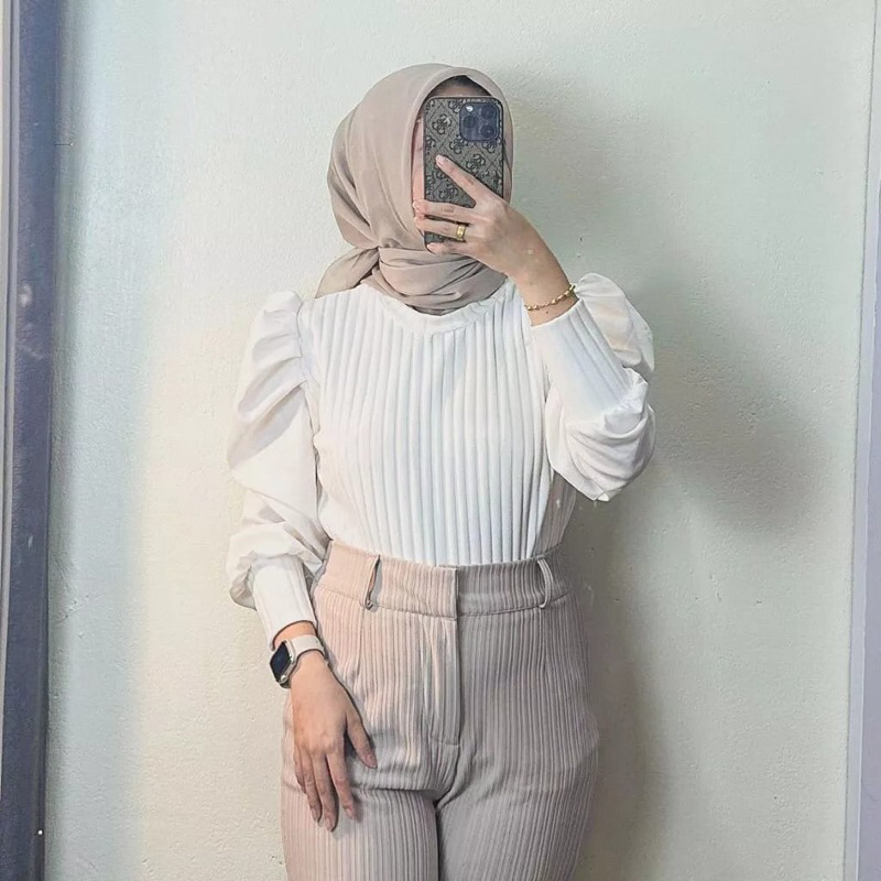 RASHA PUFFY TOP / HORNET WOMENS TOP / KNIT PUFF MIX SATIN BLOUSE / BALLOON SLEEVE BLOUSE