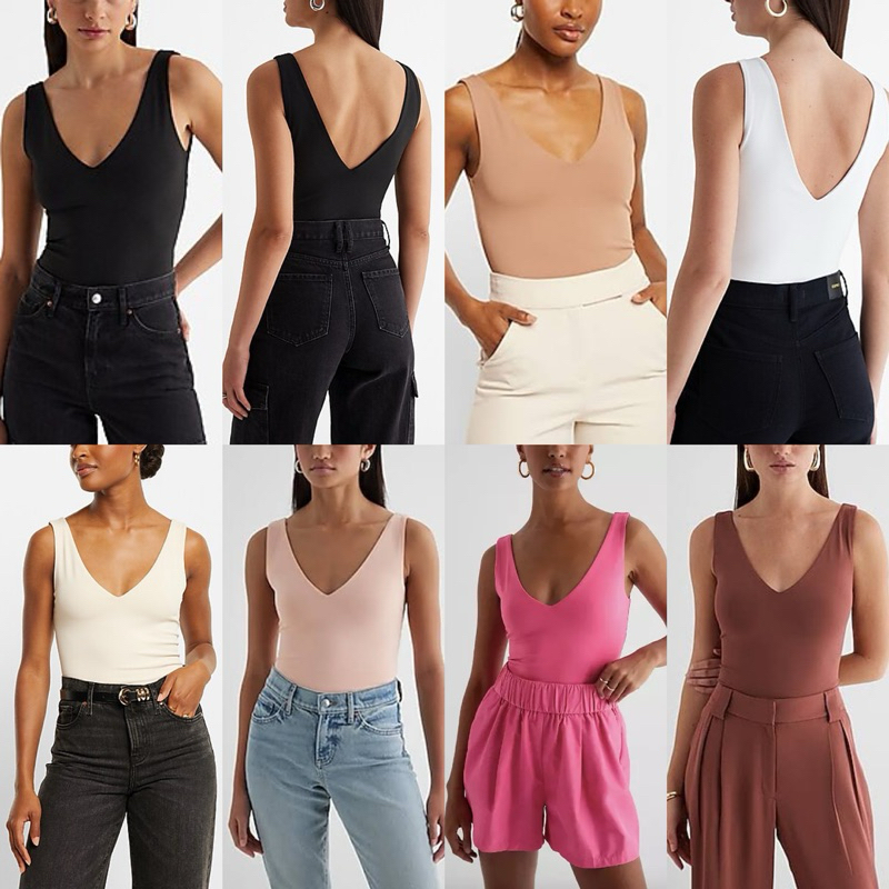 ผู้หญิง& 39;s BODYSUIT V NECK DOUBLE LAYER แขนกุด E86
