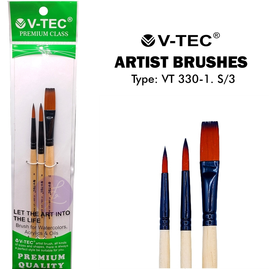 V-TEC ARTIST BRUSHES TYPE VT 330-1.ส/3 NO. ชุดแปรงทาสี 8, 6, 12 - จํานวน 3 ชิ้น
